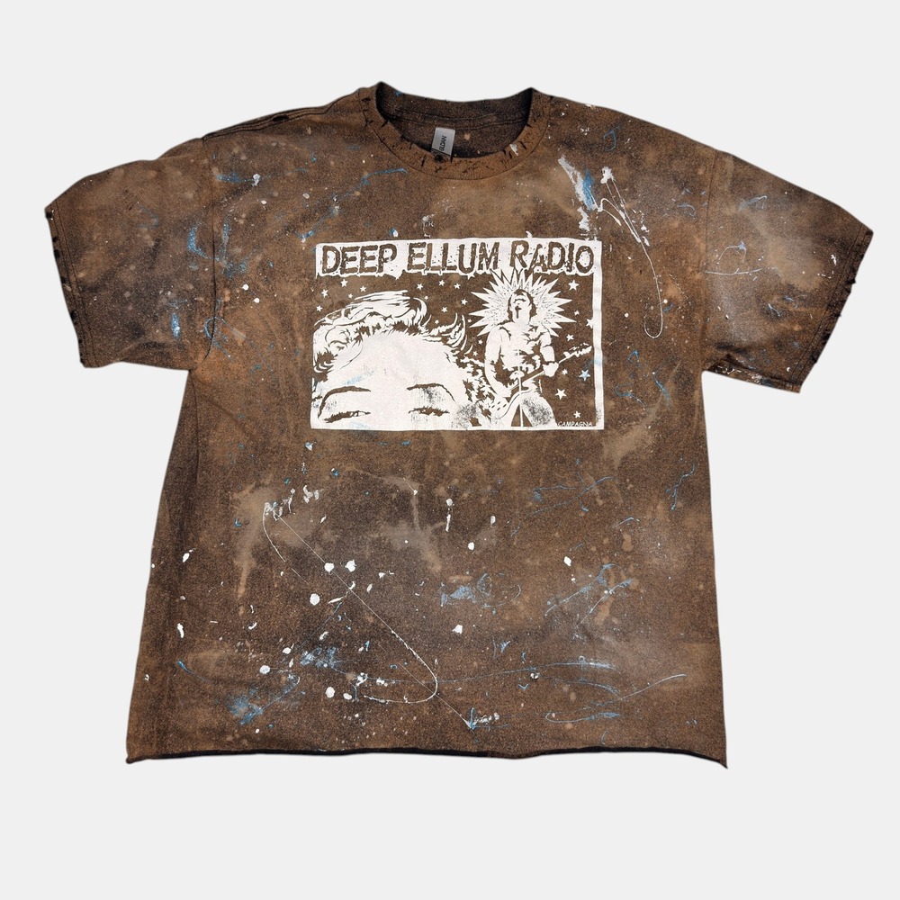 Gildan T-Shirt Large Deep Ellum Radio Distressed HandPaint Splatter Brown Grunge